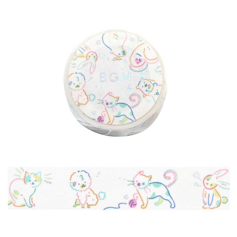 Cute Kawaii BGM Washi / Masking Deco Tape - Whimsical Colorful Animal Drawing Illustration Cat Dog Rabbit Pet - for Journal Agenda Planner Diary Craft Scrapbook Gift