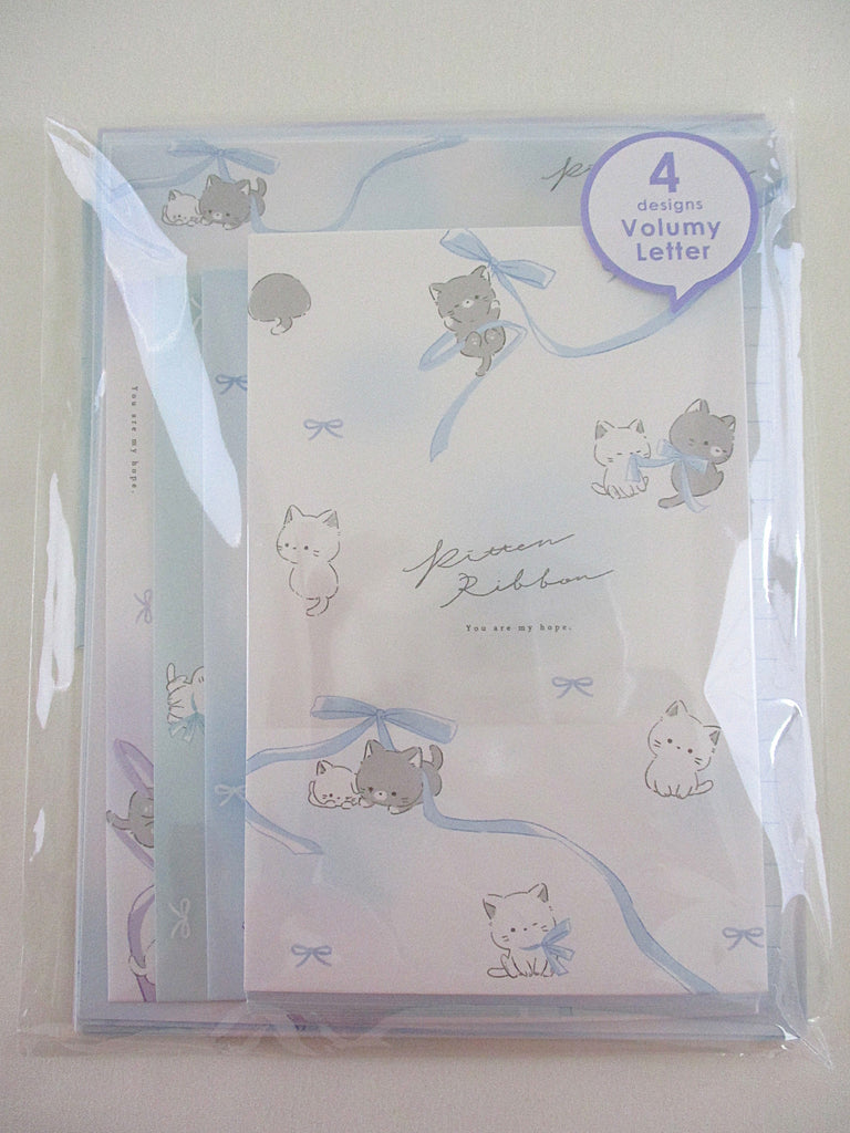 Cute Kawaii Q-lia Cat Kitten Ribbon Blue Letter Set Pack - Stationery Writing Paper Envelope Penpal Stationary Journal Gift