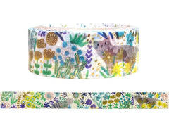 Cute Kawaii Shinzi Katoh Silver Accents Washi / Masking Deco Tape - Cat Kitten Feline ♥ Green Field Garden Flower for Scrapbooking Journal Planner Craft