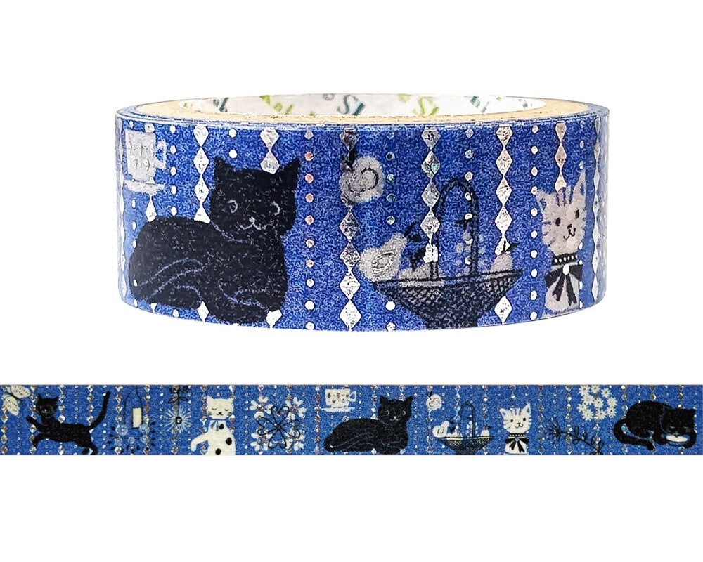 Cute Kawaii Shinzi Katoh Silver Accents Washi / Masking Deco Tape - Black Cat Night - for Scrapbooking Journal Planner Craft