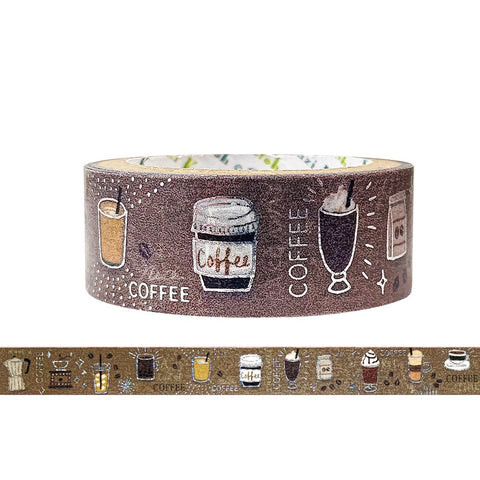 Cute Kawaii Shinzi Katoh Silver Accents Washi / Masking Deco Tape - Coffee ♥ Latte Drink Morning Cafe - for Scrapbooking Journal Planner Craft