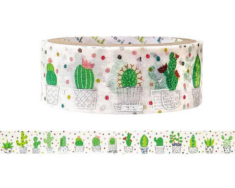 Cute Kawaii Shinzi Katoh Silver Accents Washi / Masking Deco Tape - Cactus ♥ Green Decor Plant - for Scrapbooking Journal Planner Craft