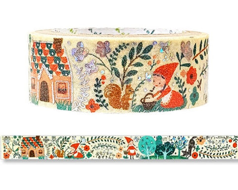 Cute Kawaii Shinzi Katoh Silver Accents Washi / Masking Deco Tape - Red Riding Hood ♥ Fairy Tale Princess Story for Scrapbooking Journal Planner Craft