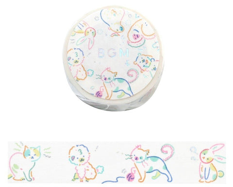 Cute Kawaii BGM Washi / Masking Deco Tape - Whimsical Colorful Animal Drawing Illustration Cat Dog Rabbit Pet - for Journal Agenda Planner Diary Craft Scrapbook Gift