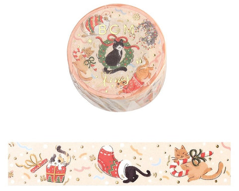 Cute Kawaii BGM Christmas Holiday Washi / Masking Deco Tape - Cat Kitten Kitty Feline Stockings Gift - for Scrapbooking Journal Planner Craft