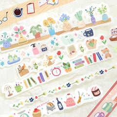 Cute Kawaii BGM Sticker Strips Sack - Cozy Room Decor Home House Books Kitchen Plant Drink - for Journal Agenda Planner Scrapbooking Craft Gift