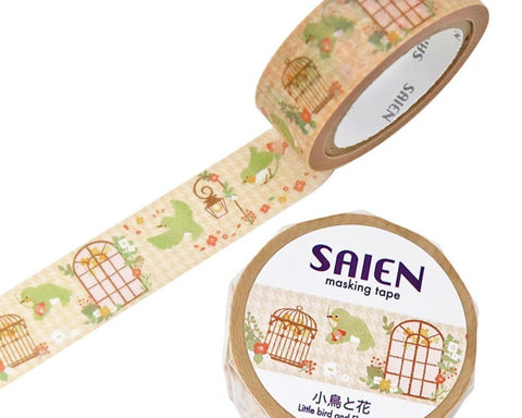 Cute Kawaii Saien Washi / Masking Deco Tape - Little Bird and Flower Nature Spring Garden - for Scrapbooking Journal Planner Craft Diary Gift