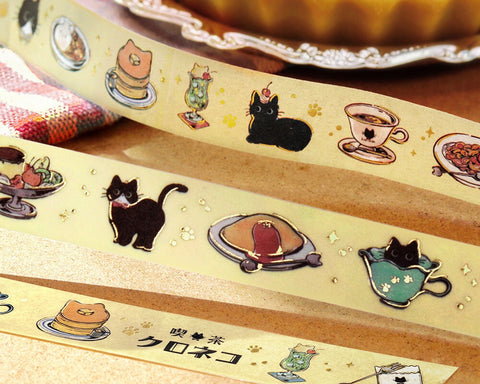 Cute Kawaii BGM Washi / Masking Deco Tape - Black Hungry Cat Food Feline Pet Kitty - for Scrapbooking Journal Planner Craft Stationery Decor Agenda Schedule Gift