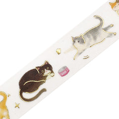 Cute Kawaii BGM Washi / Masking Deco Tape - Foil Stamping / Accents - Cat Tabby with Ball of Yarn Kitty Kitten Playful Feline Pet - for Diary Journal Planner Craft Stationery Agenda Schedule Gift