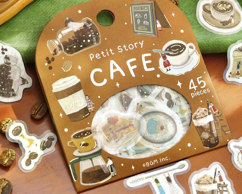 Cute Kawaii BGM Flake Stickers Sack - Petit Story Series - Cozy Cafe Coffee Latte Morning Weekend Drink - for Journal Agenda Planner Scrapbooking Craft Diary Gift