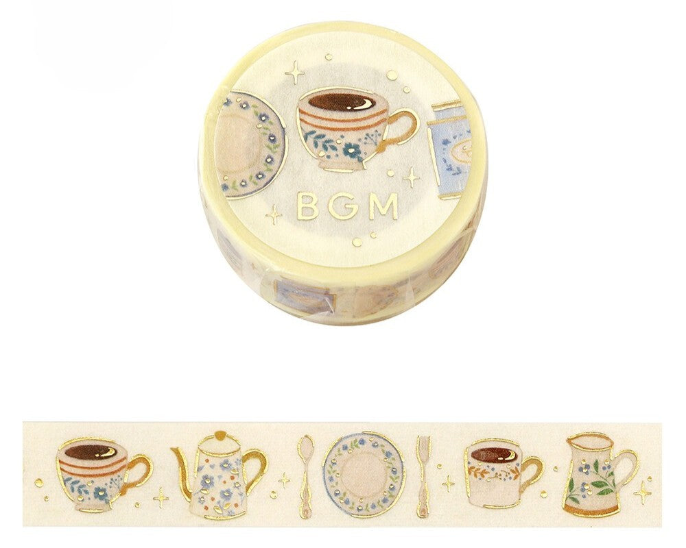 Cute Kawaii BGM Washi / Masking Deco Tape - Foil Stamping / Accents - Charming Teatime Tea Cup Cozy Relax Time - for Diary Journal Planner Craft Stationery Agenda Schedule Gift