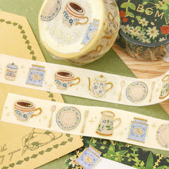 Cute Kawaii BGM Washi / Masking Deco Tape - Foil Stamping / Accents - Charming Teatime Tea Cup Cozy Relax Time - for Diary Journal Planner Craft Stationery Agenda Schedule Gift