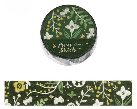 Cute Kawaii BGM Washi Deco Tape - Pieni Stitch Collection Series E -  Green Floral Enchanted Garden Forest Botanical Vintage Nature style Gold Accent - for Journal Planner Craft Diary Schedule Notebook Gift