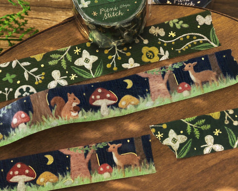 Cute Kawaii BGM Washi Deco Tape - Pieni Stitch Collection Series D -  Night in the Forest Mushroom Deer Animal Nature Gold Accent - for Journal Planner Craft Diary Schedule Notebook Gift