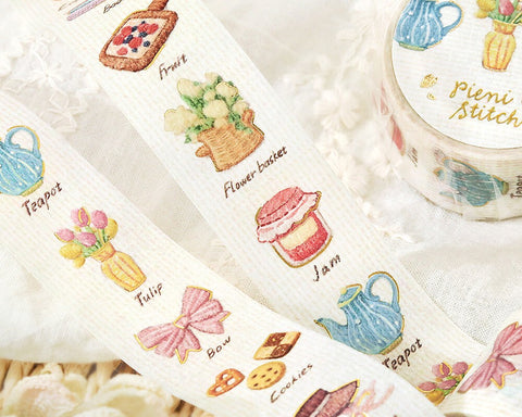 Cute Kawaii BGM Washi Deco Tape - Pieni Stitch Collection Series A -  Cozy Vintage Everyday Comforts Cookie Tea Jam Fruit Flower Gold Accent - for Journal Planner Craft Diary Schedule Notebook Gift