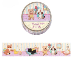 Cute Kawaii BGM Washi Deco Tape - Pieni Stitch Collection Series C -  Bear Fox Dog Cat Rabbit Sheep Animal Cozy Cottage Vintage Nursery Gold Accent - for Journal Planner Craft Diary Schedule Notebook Gift