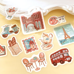 Cute Kawaii BGM Flake Stickers Sack - Europe Travel Moment Sightseeing Hobby Time Cozy Cafe - for Journal Agenda Planner Scrapbook Craft Diary Gift