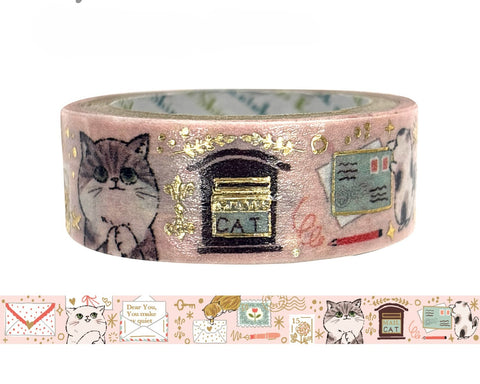 Cute Kawaii Shinzi Katoh Gold Accents Washi Deco Tape - Curious Cats ♥ Letter in the Mail - for Diary Journal Notebook Planner Craft Scrapbook Gift