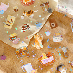 Cute Kawaii BGM Iridescent Set of 3 Sticker Sheets - Cozy with Cat & Dog at Home Room Kitchen Garden - for Journaling Diary Planner Craft Organizer Calendar