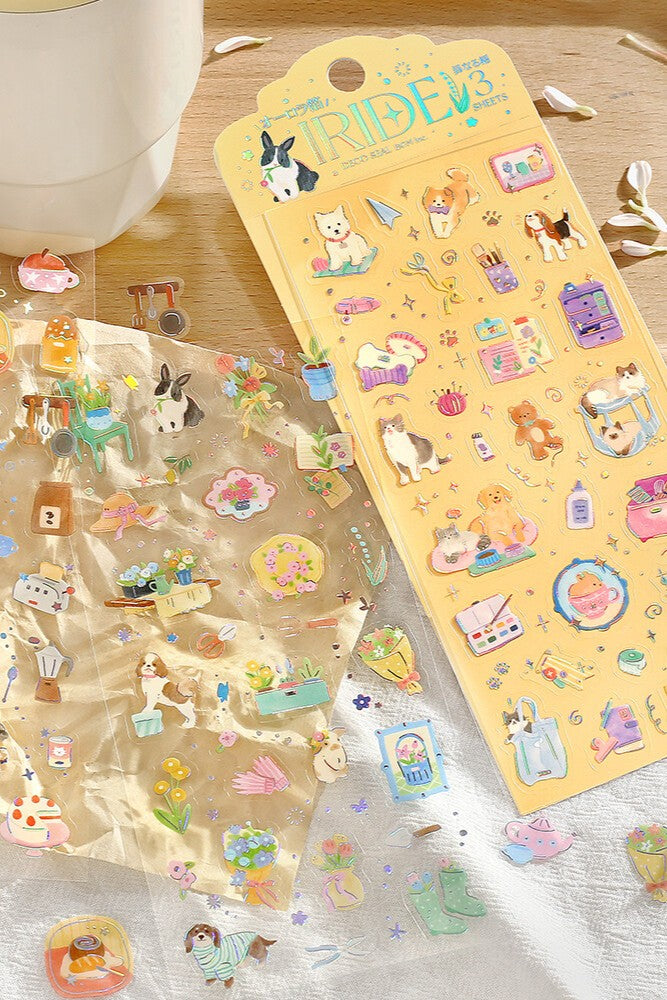 Cute Kawaii BGM Iridescent Set of 3 Sticker Sheets - Cozy with Cat & Dog at Home Room Kitchen Garden - for Journaling Diary Planner Craft Organizer Calendar