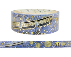 Cute Kawaii Shinzi Katoh Silver Accents Washi / Masking Deco Tape - Night Train Starry Magical - for Diary Journal Planner Craft Schedule Art Notebook Scrapbook Gift