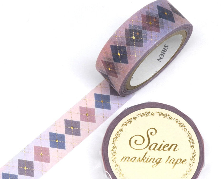 Cute Kawaii Saien Washi / Masking Deco Tape - Argyle Diamond Checkered Pattern Tartan Preppy Purple  - for Scrapbooking Journal Planner Craft Diary Planner Gift