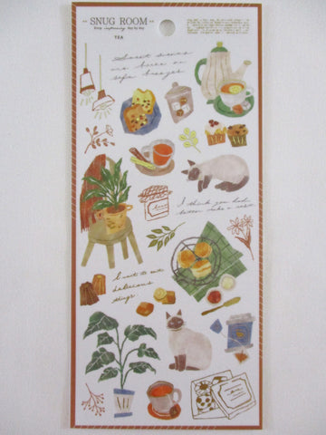 Cute Kawaii MW Snug Cozy Room - C - Cat Tabby Cozy Tea Time Sweet Snack Biscuit Coffee Relax Green Plant Sticker Sheet - for Journal Planner Craft Organizer Schedule Decor