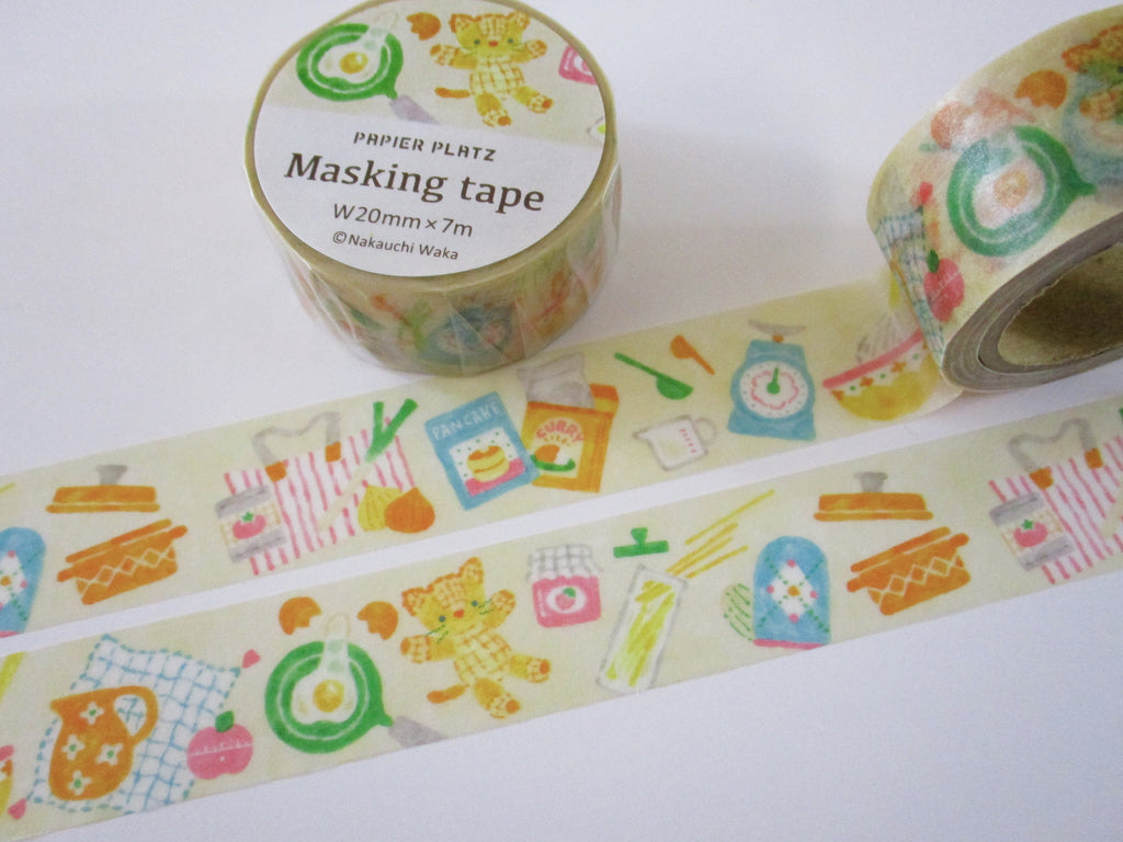 Cute Kawaii Papier Platz Nakauchiwaka Washi / Masking Deco Tape - Cozy Home Series - Kitty Cat in the Kitchen Bake Vegetable Cook Kitten Feline Pet - for Journal Planner Diary Scrapbook Craft Gift