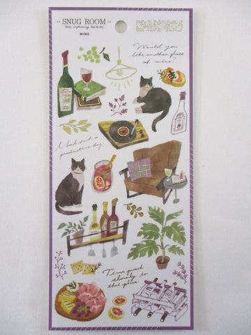 Cute Kawaii MW Snug Cozy Room - D - Black Cat Fine Day Drink Wine Sticker Sheet - for Diary Journal Planner Craft Organizer Schedule Decor Gift