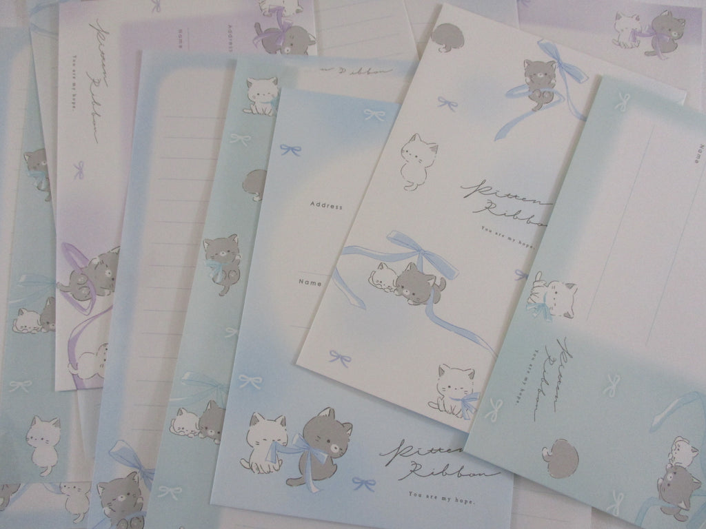 Cute Kawaaii Q-lia Blue Ribbon Cat Soft Kitty Love Letter Sets - Stationery Writing Paper Envelope Penpal Gift