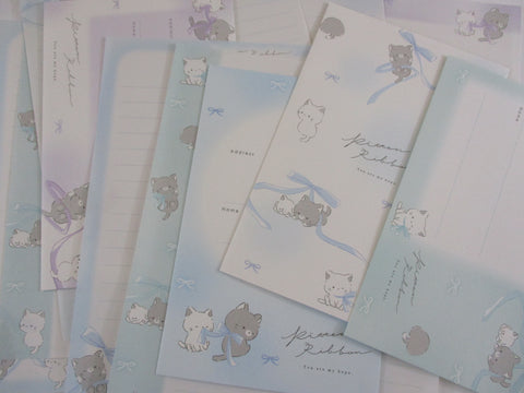 Cute Kawaaii Q-lia Blue Ribbon Cat Soft Kitty Love Letter Sets - Stationery Writing Paper Envelope Penpal Gift