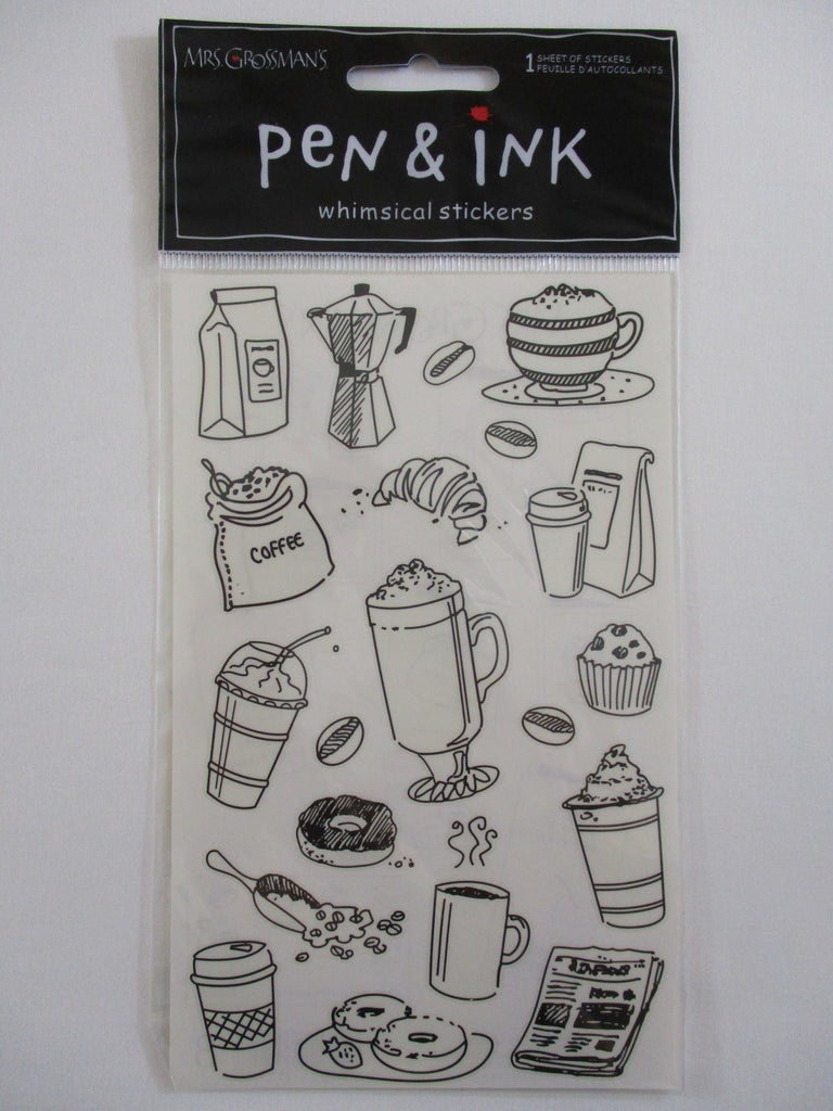 Mrs Grossman 4 x 6.5 Pen & Ink Whimsical - Coffee Cafe Latte Espresso Morning Cozy Sticker Sheet - Vintage & Collectible