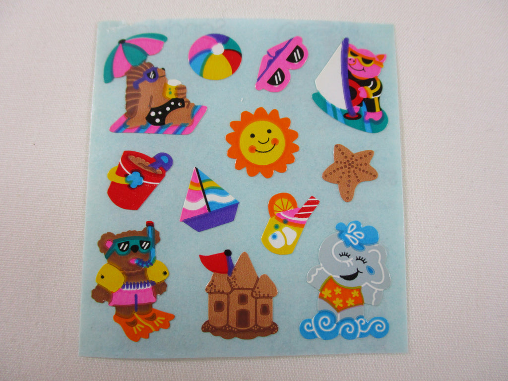 Sandylion Bear Animal Beach Vacation Sticker Sheet / Module - Vintage & Collectible - Rare Blue Backing