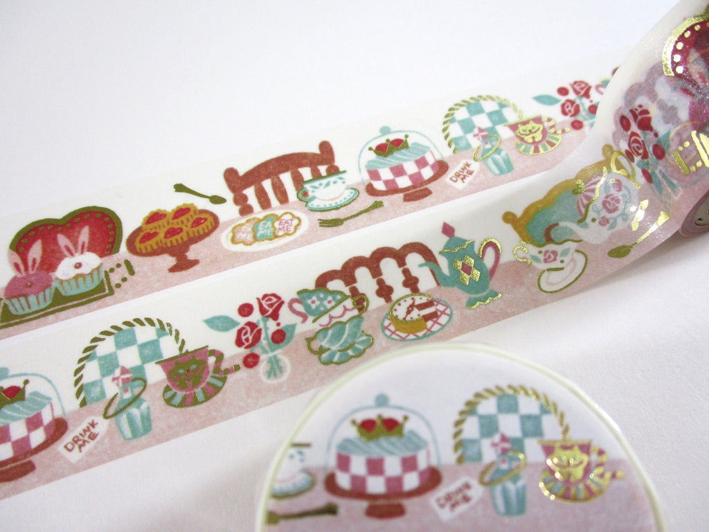 Cute Kawaii Papier Platz Washi / Masking Deco Tape with Gold Trim - Tea Time Strawberry Cake Cookie Bunny Rabbit - for Scrapbooking Journal Planner Craft Agenda Schedule Stationery