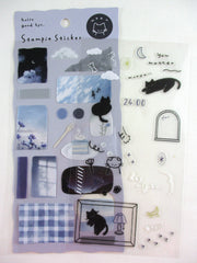 Cute Kawaii Crux Stampie Series Sticker Sheet - Blue Cat Moon Night - for Journal Planner Craft