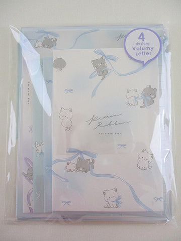 Cute Kawaii Q-lia Cat Kitten Ribbon Blue Letter Set Pack - Stationery Writing Paper Envelope Penpal Stationary Journal Gift