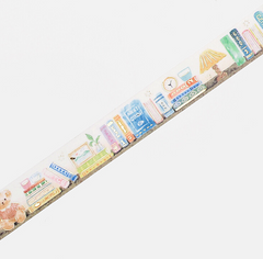 Cute Kawaii BGM Washi / Masking Deco Tape - Gold Accents - Books Shelf Library Read Study - for Scrapbooking Journal Planner Craft