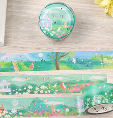 Cute Kawaii BGM Washi / Masking Deco Tape - Beautiful Green Flower Field Garden Butterfly Rabbit Animal - for Scrapbooking Journal Planner Craft