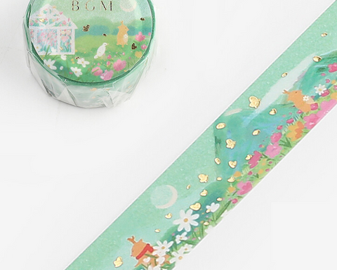 Cute Kawaii BGM Washi / Masking Deco Tape - Beautiful Green Flower Field Garden Butterfly Rabbit Animal - for Scrapbooking Journal Planner Craft