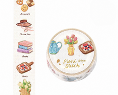 Cute Kawaii BGM Washi Deco Tape - Pieni Stitch Collection Series A -  Cozy Vintage Everyday Comforts Cookie Tea Jam Fruit Flower Gold Accent - for Journal Planner Craft Diary Schedule Notebook Gift