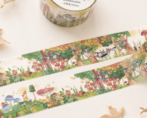 Cute Kawaii Papier Platz Washi / Masking Deco Tape - Mushroom Forest Green Nature - for Journal Planner Diary Scrapbook Craft Gift