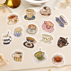 Cute Kawaii BGM Flake Stickers Sack - Teacups Cozy Vintage Easy Art Relaxing - for Journal Agenda Planner Scrapbook Craft Diary Gift