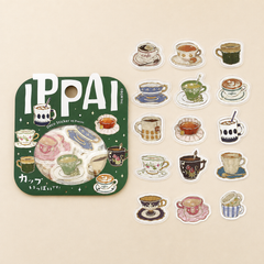 Cute Kawaii BGM Flake Stickers Sack - Teacups Cozy Vintage Easy Art Relaxing - for Journal Agenda Planner Scrapbook Craft Diary Gift