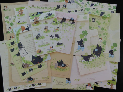 San-X Kutusita Nyanko Cat Green Clover Letter Paper + Envelope Theme Set - E