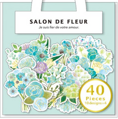 MW Salon de Fleur Flowers - Flake Stickers Sack - Green Blue - Beautiful Garden Love Wedding Bouquet for Journal Agenda Planner Scrapbooking Craft