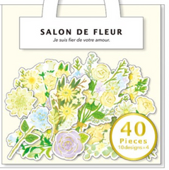 MW Salon de Fleur Flowers - Flake Stickers Sack - Yellow Green Purple - Beautiful Garden Love Wedding Bouquet for Journal Agenda Planner Scrapbooking Craft