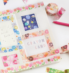 Cute Kawaii BGM Washi / Masking Deco Tape - Crayon Land series - Bunny Tulip Flower Rabbit Garden Field Pink - for Scrapbooking Journal Planner Craft