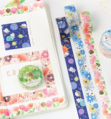Cute Kawaii BGM Washi / Masking Deco Tape - Crayon Land series - Bunny Tulip Flower Rabbit Garden Field Pink - for Scrapbooking Journal Planner Craft