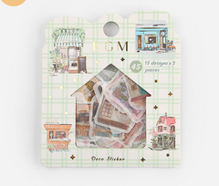 Cute Kawaii BGM Flake Stickers Sack - Town House Building Downtown - for Journal Agenda Planner Scrapbooking Craft